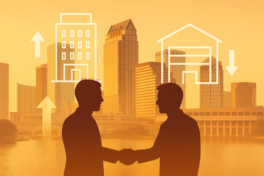 ampa Bay commercial real estate skyline at sunset, showing modern office buildings and urban development.